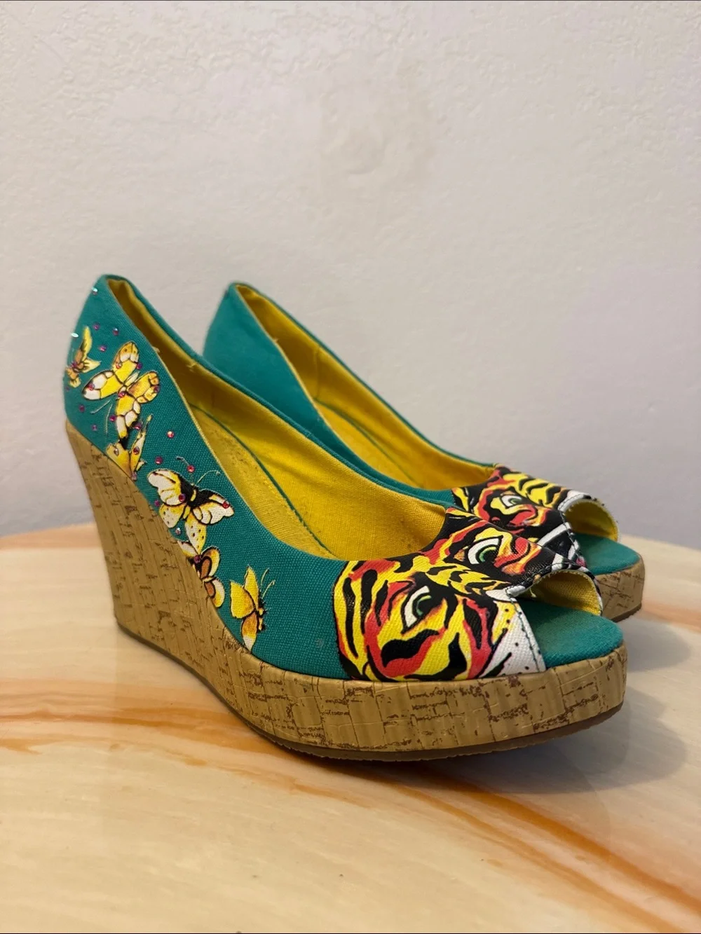 Ed Hardy Women’s Teal Butterfly Print Cork Wedge